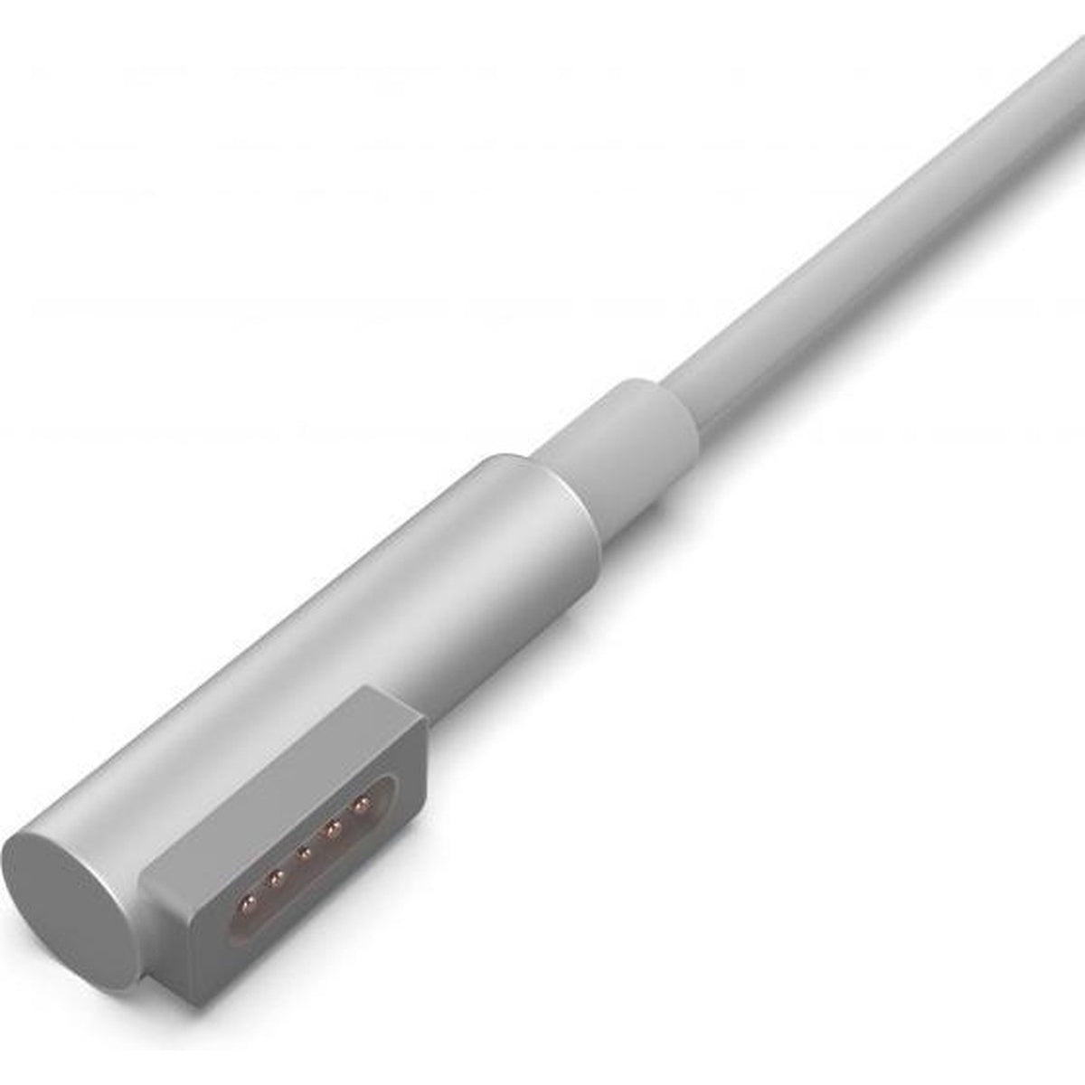 A silver and gray MagSafe power adapter. It has a rectangular connector with pins and a cylindrical body, with a gray cable.