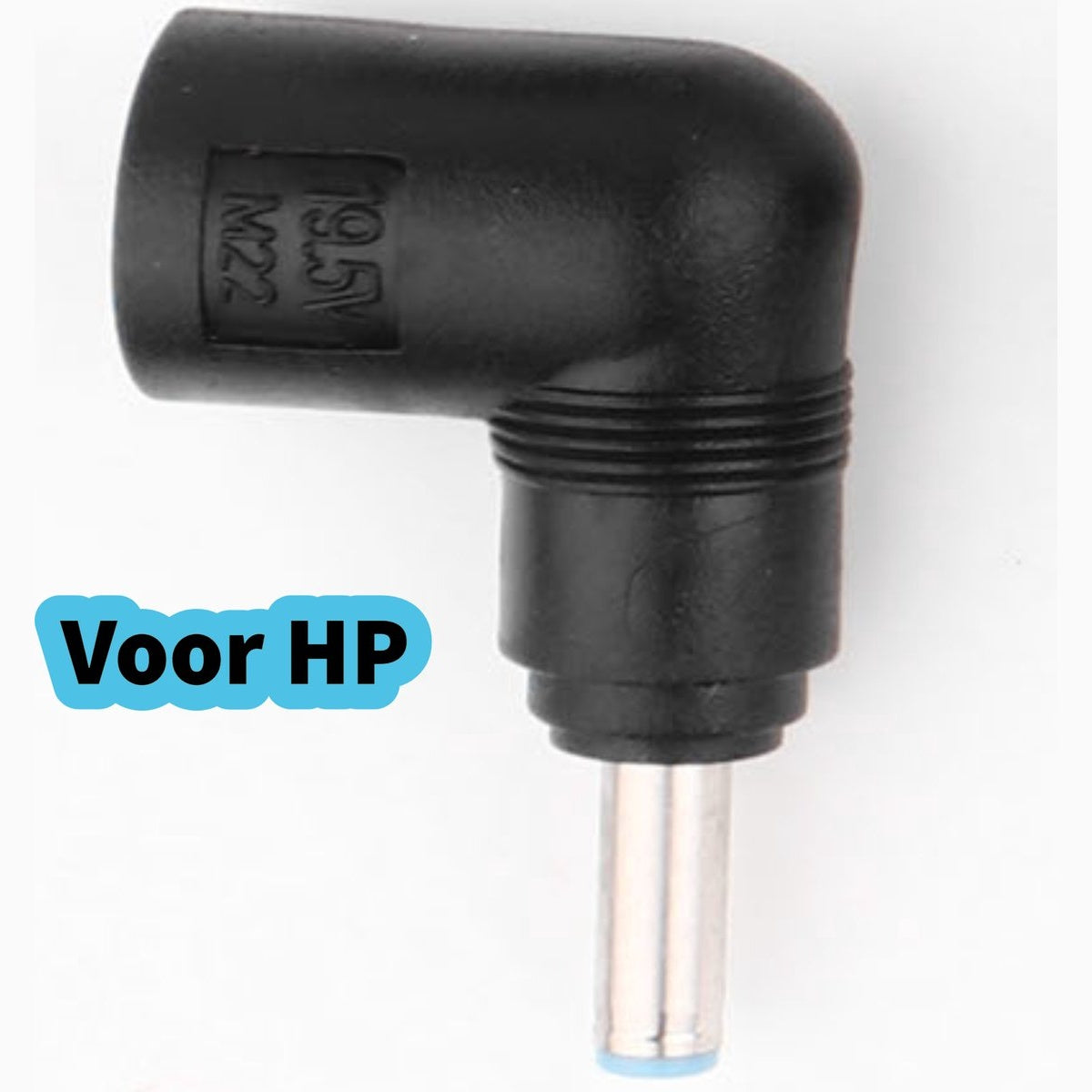 Black, L-shaped power adapter for HP laptops. It has a silver pin and blue base. Text 'Voor HP' is visible.
