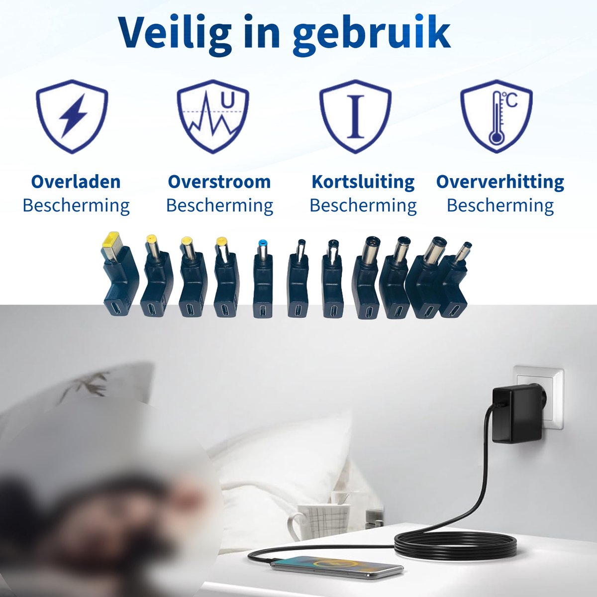 Image shows various charger tips with safety icons. Below, a phone is charging. A plug is in the wall.