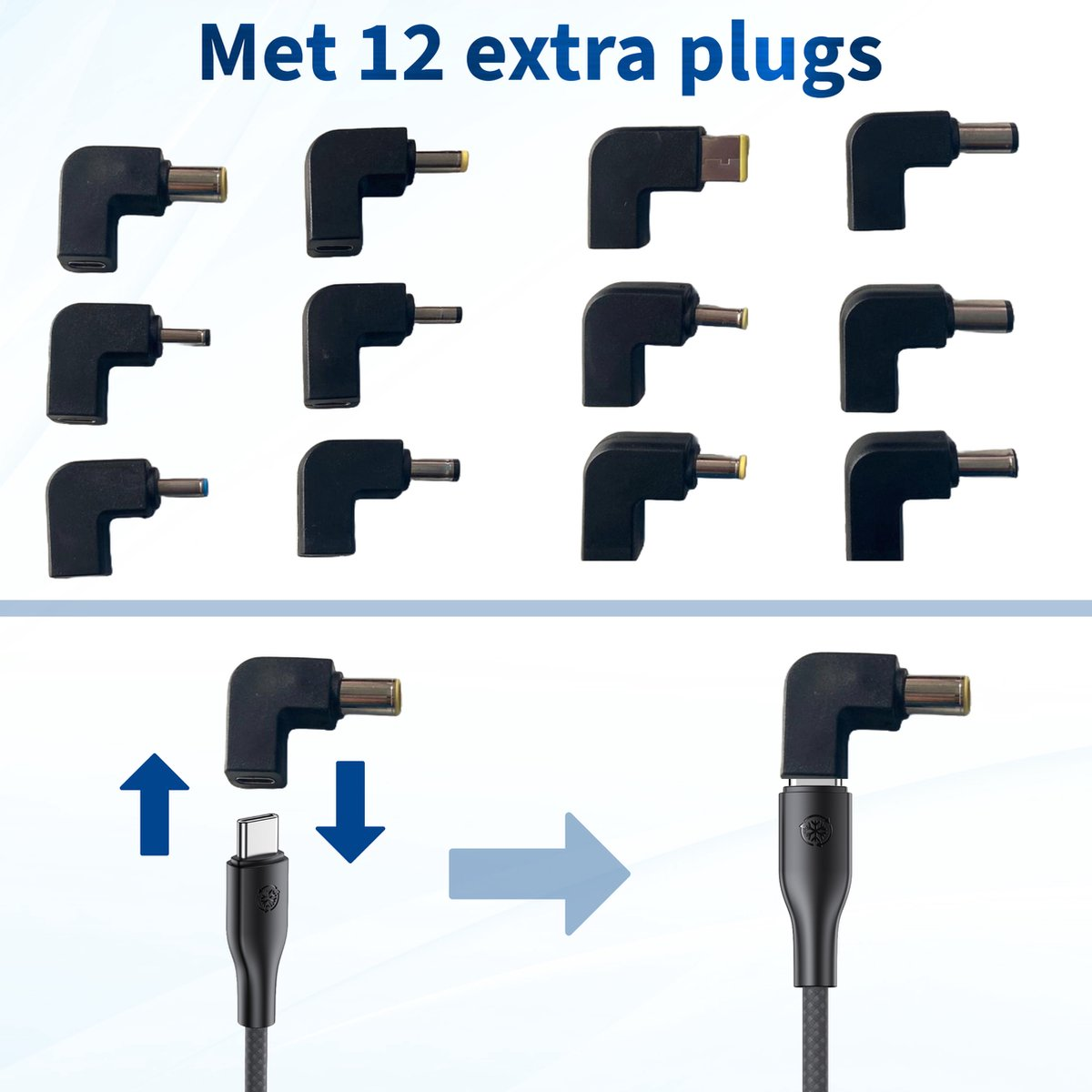 Image shows 12 extra plugs and a charging cable. Arrows show the connecting process of the cable and the plug.