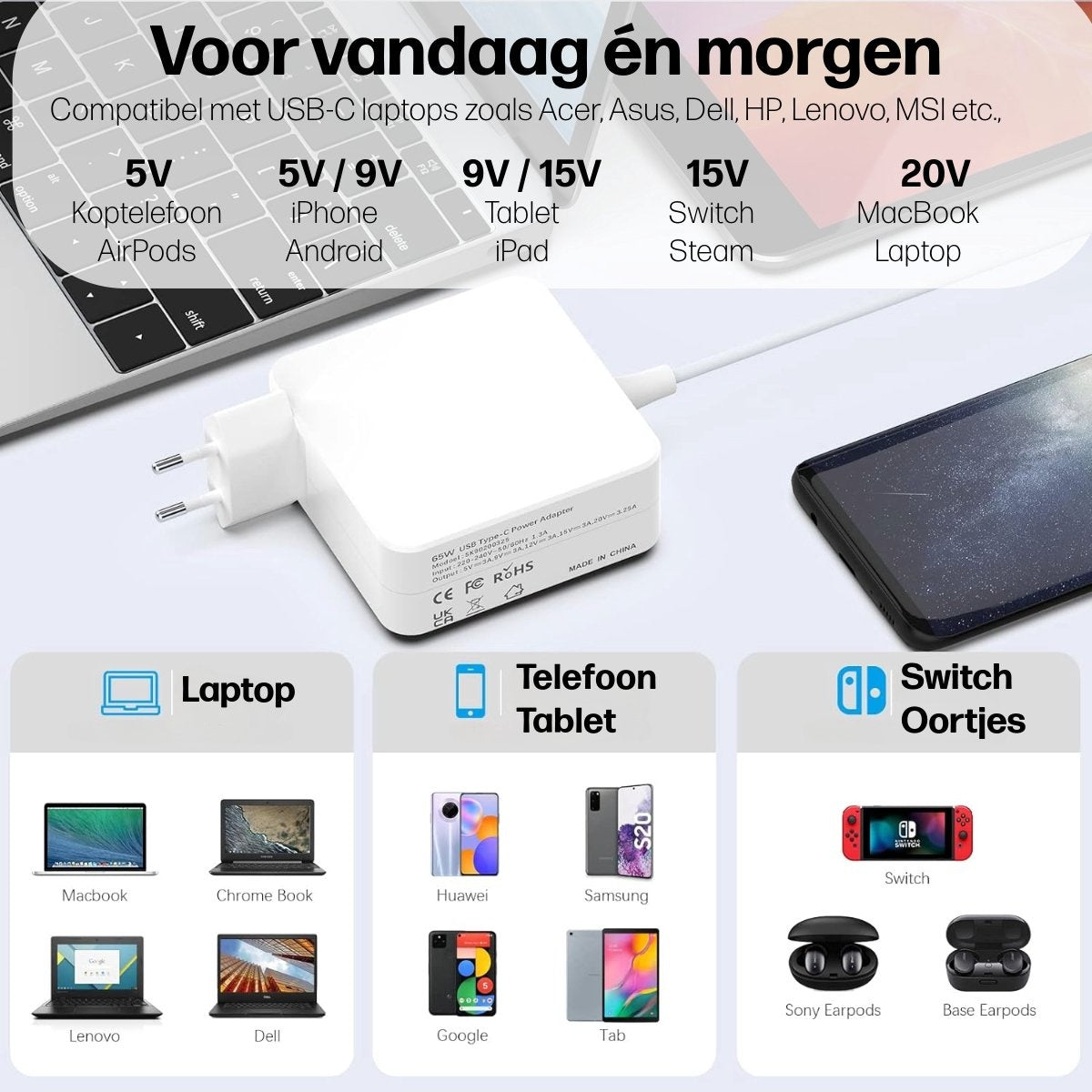 Image shows a charger compatible with USB-C laptops, phones, tablets, and gaming devices, displayed with example devices.