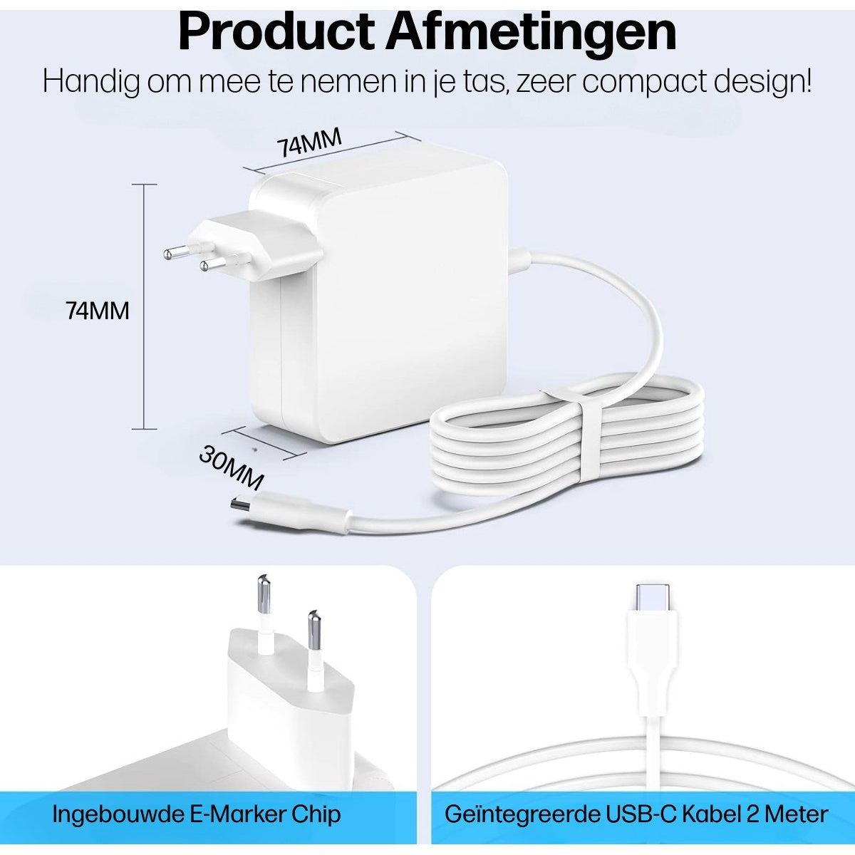 White adapter with a cable, dimensions shown. Text includes 'Product Afmetingen' and 'compact design!'. Two detail images of components below.