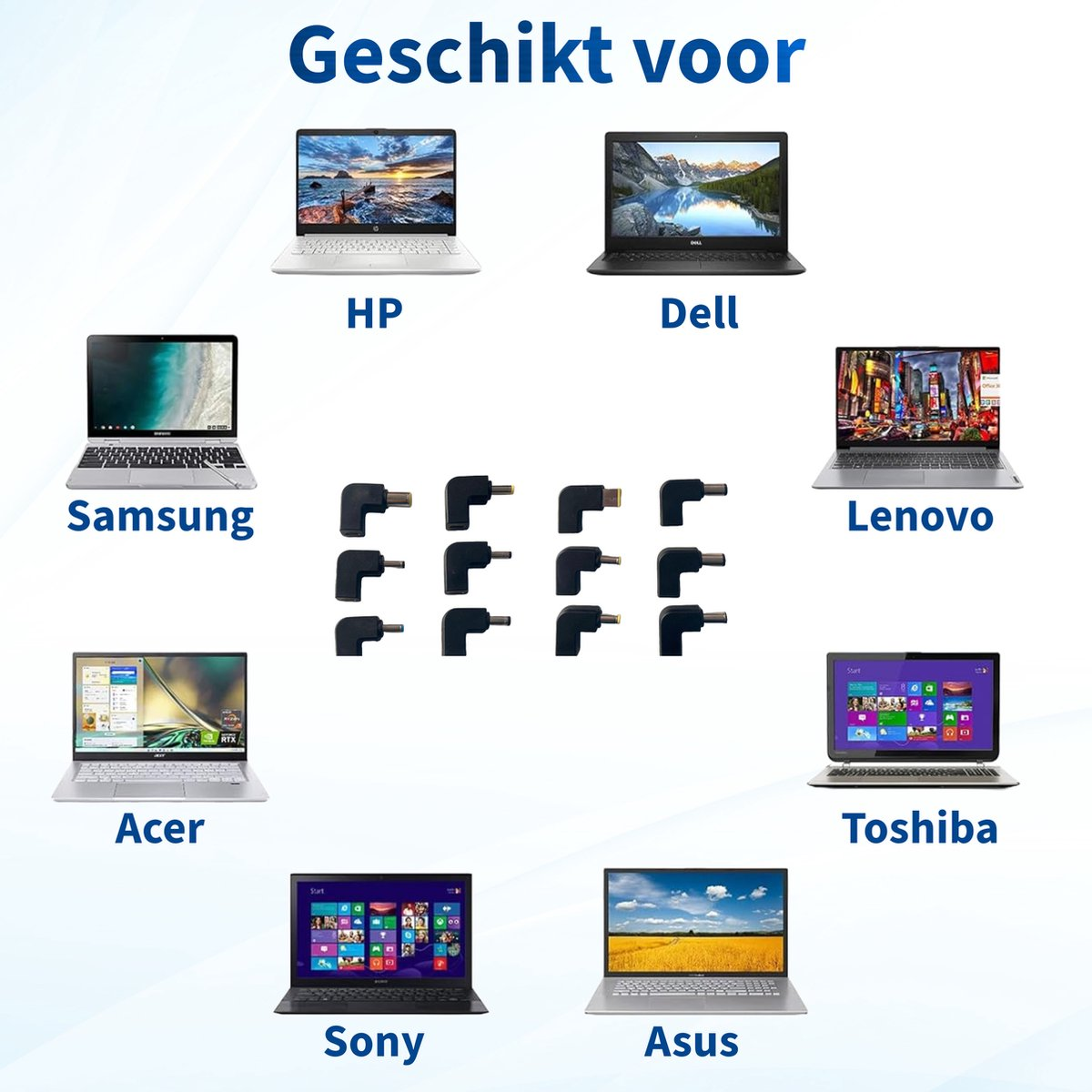 Image shows laptops from brands: HP, Dell, Samsung, Lenovo, Acer, Toshiba, Sony, and Asus. Small black connectors are also displayed.