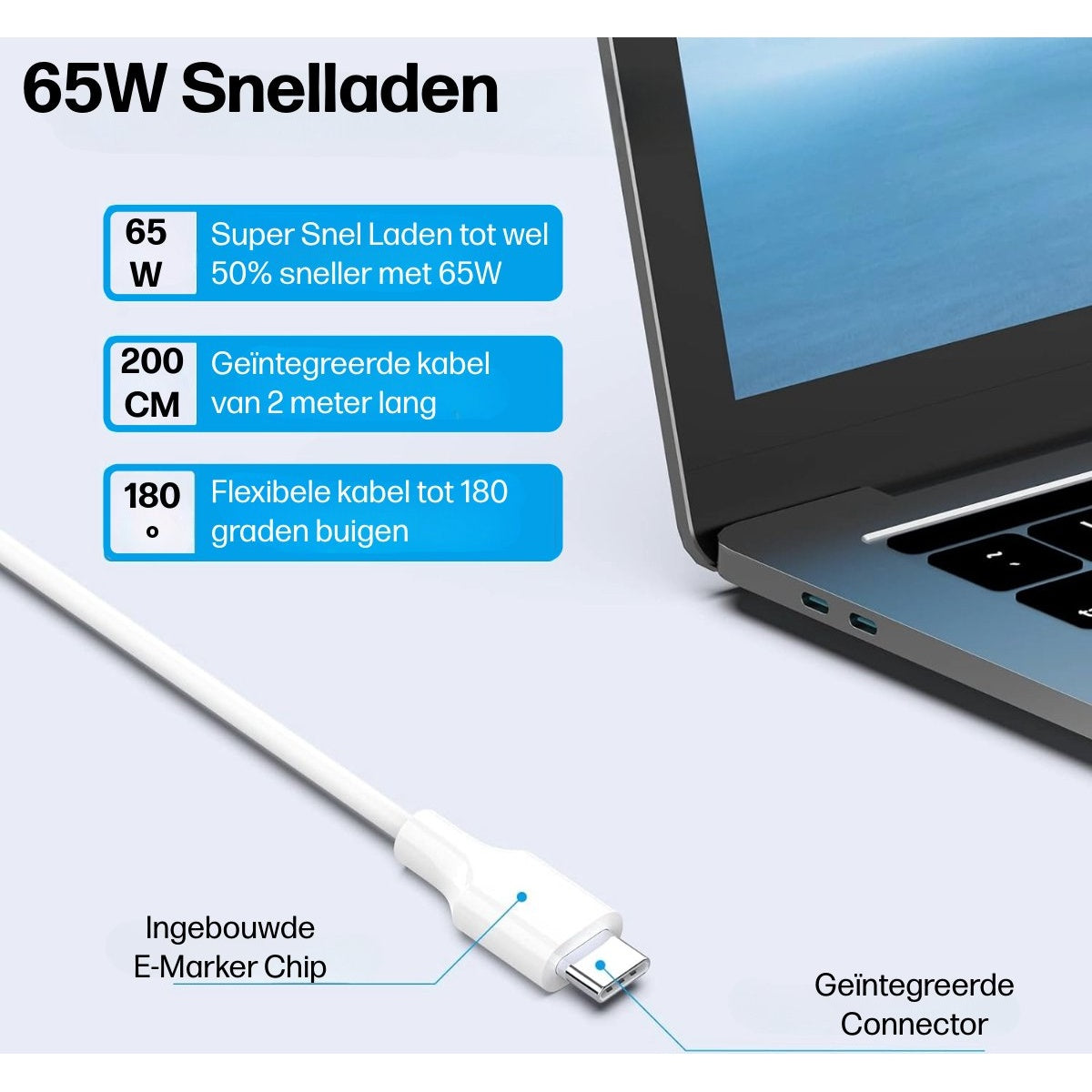 Image shows a white charging cable connected to a laptop. Text indicates fast charging capabilities with various features.