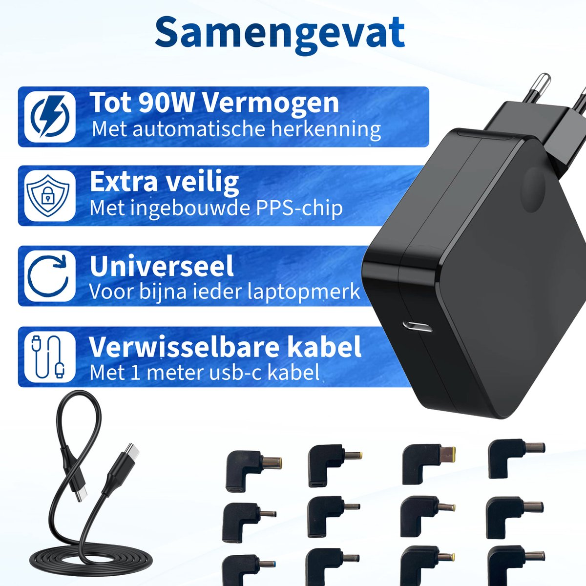 Black laptop charger with detachable cable, various adapter heads, and informational graphics.