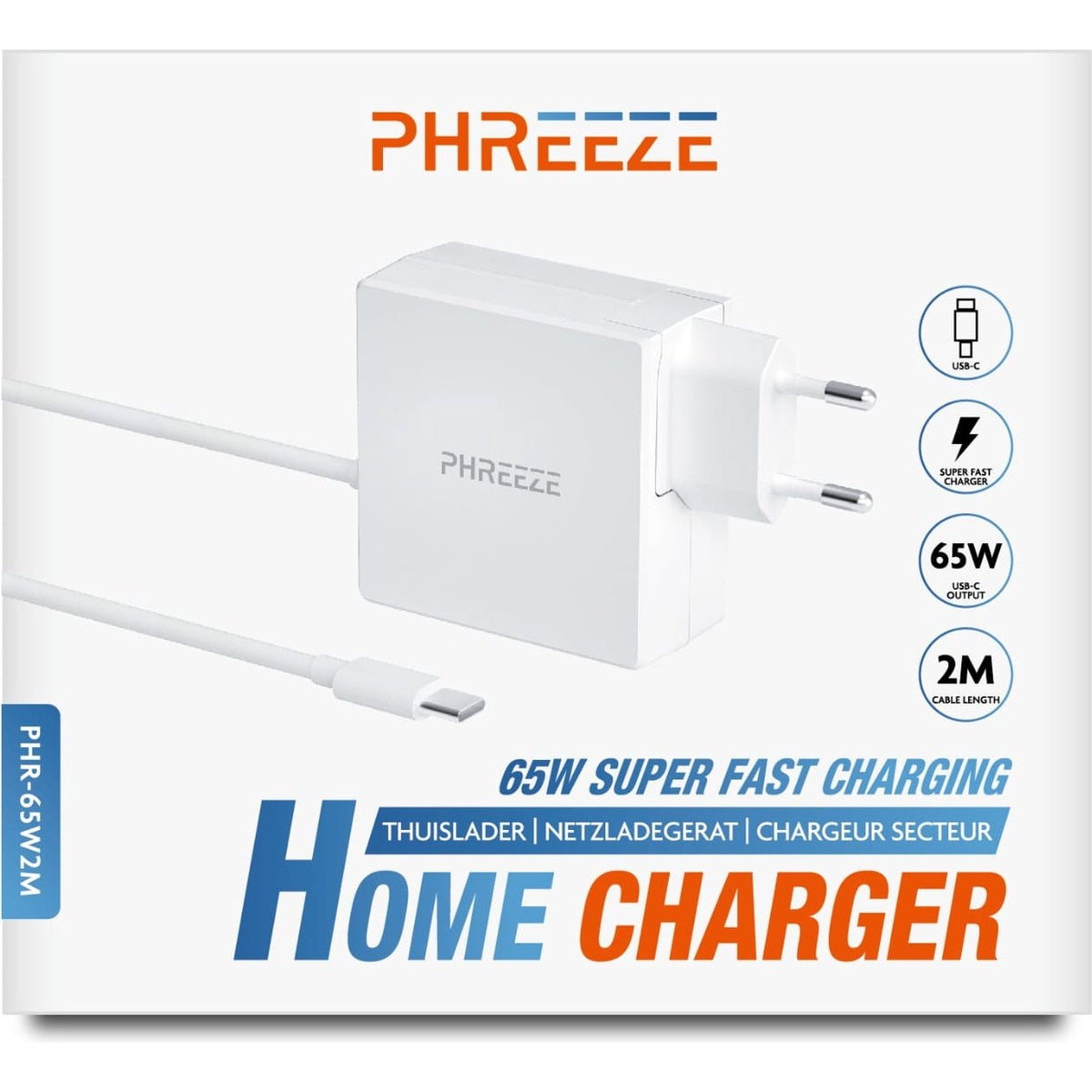 A white Phreeze home charger, 65W, with a USB-C cable and plug. Text reads '65W Super Fast Charging' and 'Home Charger'.
