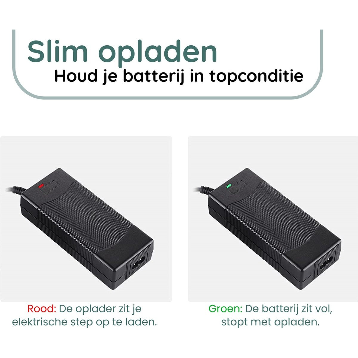 Afbeelding toont twee opladers met rode en groene lampjes. Tekst legt uit: rood laadt, groen betekent batterij vol.