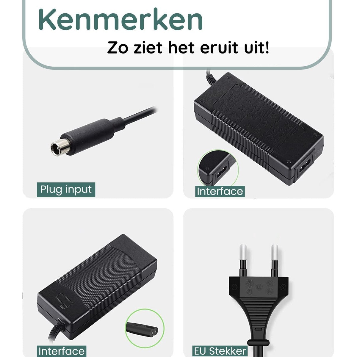 Afbeelding toont adapter met plugingang, interface en EU-stekker. Tekst labelt elk onderdeel. Achtergrond is wit.