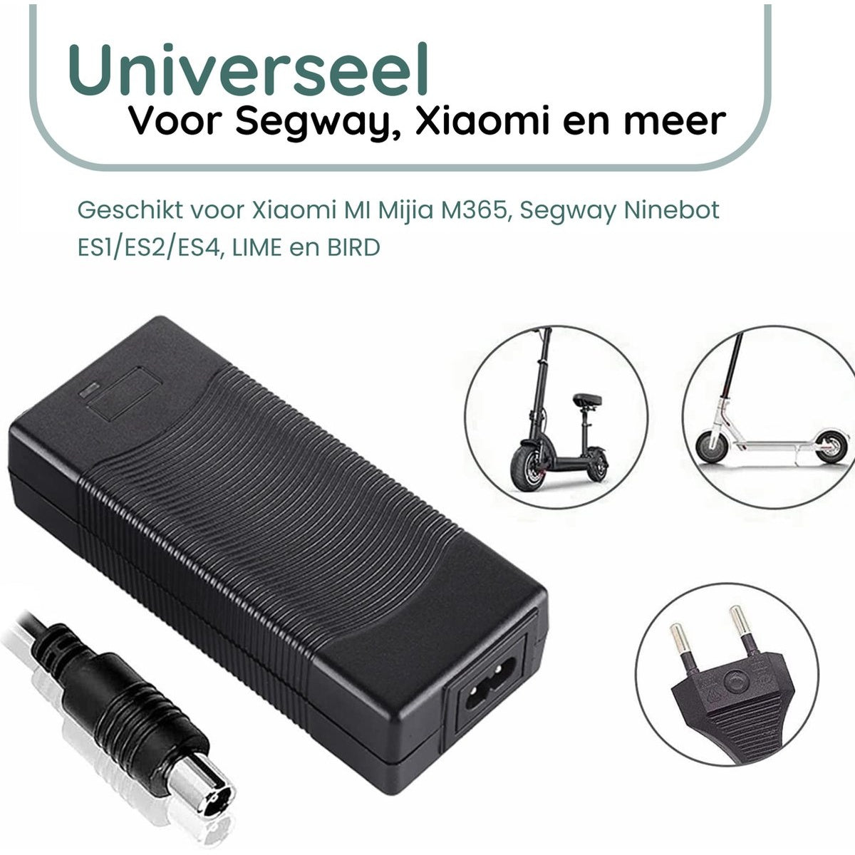 Zwarte oplader met netsnoer en stekker. Tekst: Universeel, Voor Segway, Xiaomi en meer. Compatibel met diverse scootermodellen.