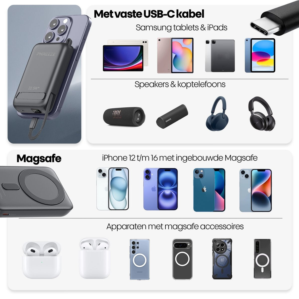 Afbeelding toont een telefoon met oplader, tablets, luidsprekers, koptelefoons, iPhones en accessoires, met nadruk op USB-C en MagSafe.