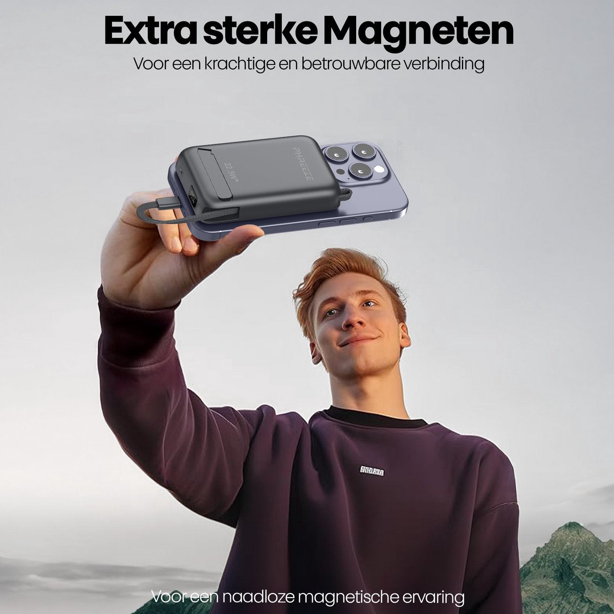 Een man houdt een telefoon met een magnetische oplader vast. Tekst zegt 'Extra sterke Magneten' en reclameslogans.