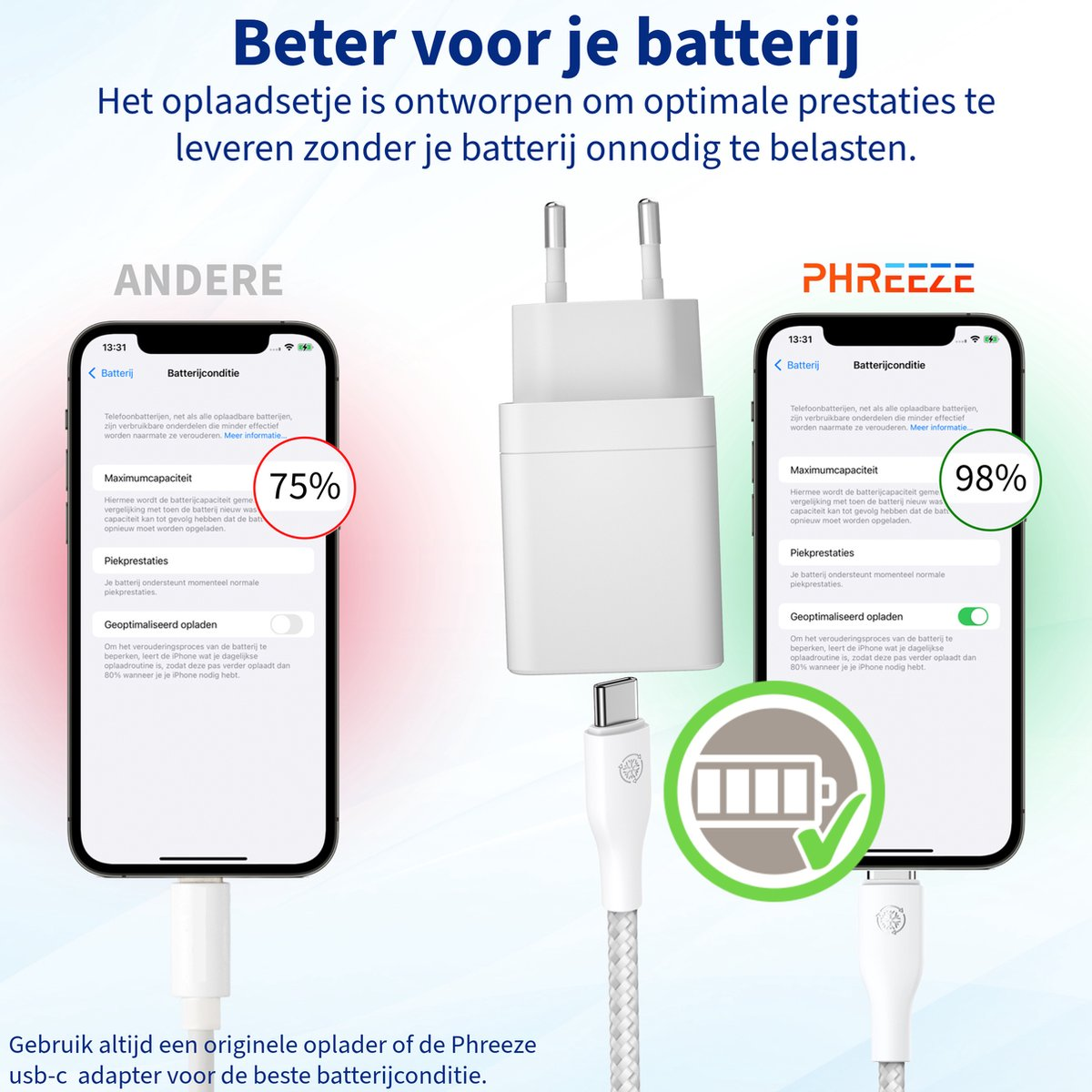 Een iPhone die oplaadt met een witte oplaadkabel. De telefoon toont 75% en 98% batterijcapaciteit. Tekst in het Nederlands.
