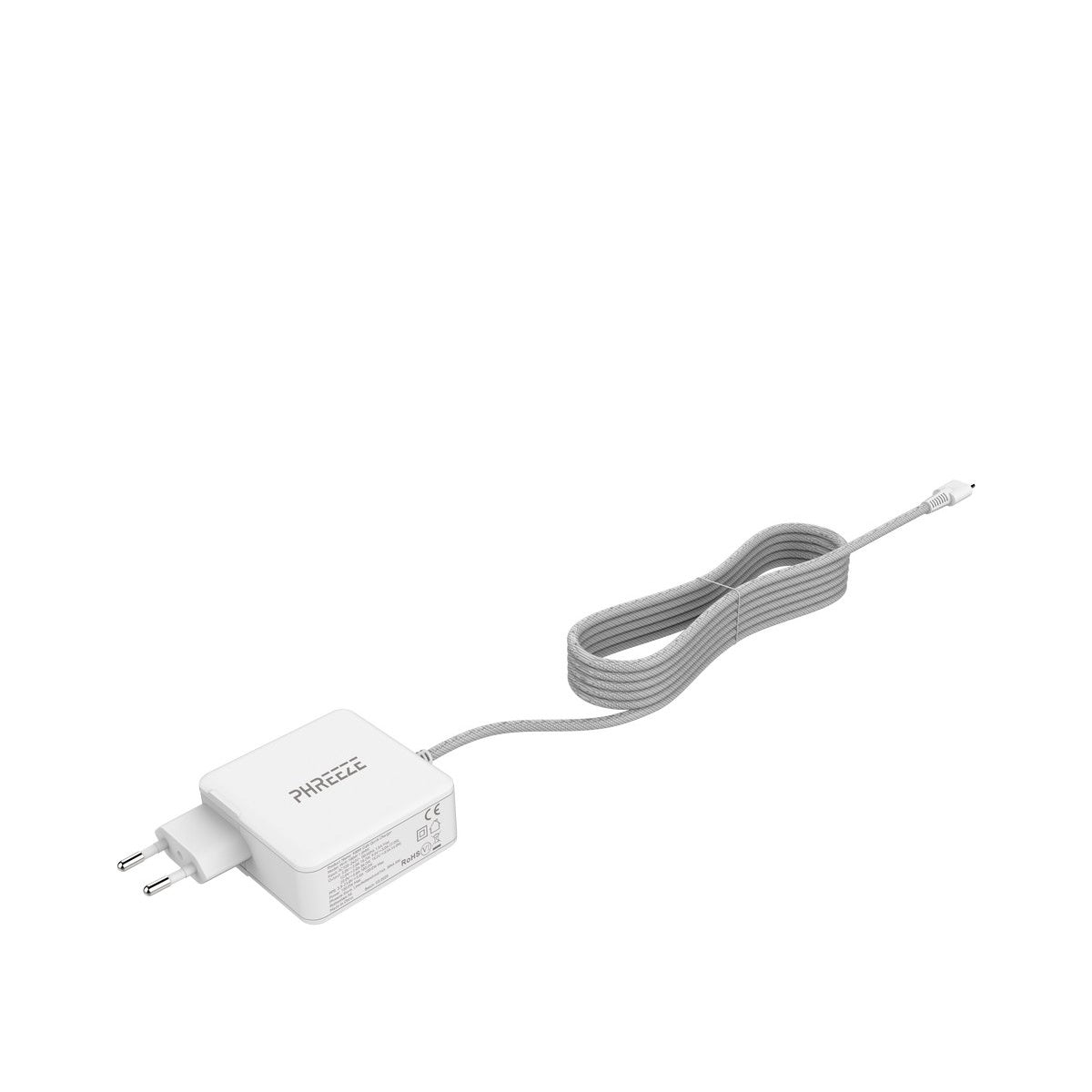 White charger with a gray cable on a white background. The charger has two prongs and the brand PHREEZE is visible.