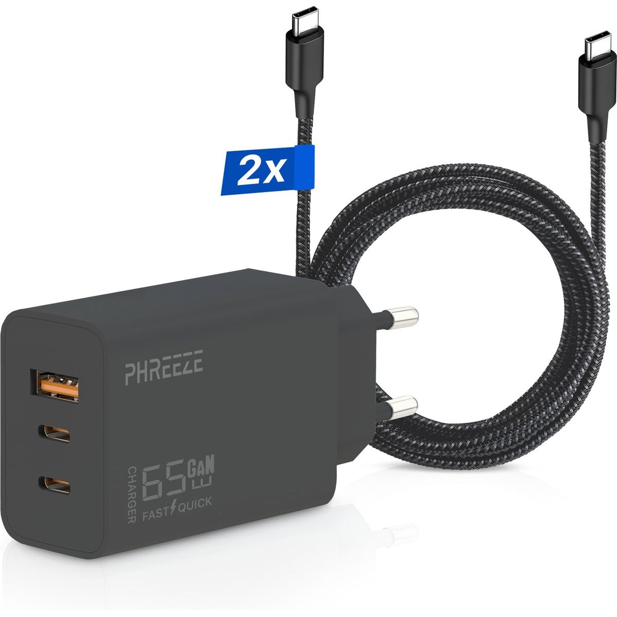 Zwarte oplader met twee USB-poorten, 65W, snelladen en twee USB-C-kabels, met een blauw '2x'-teken.