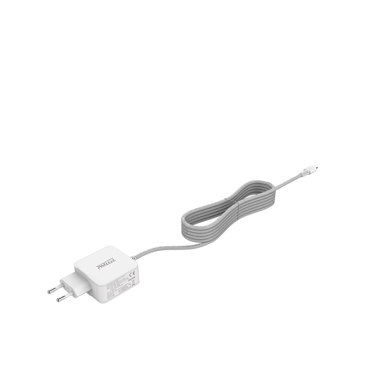 A white power adapter with a gray cable. The adapter is plugged into a white plug. The cable is in a loop.