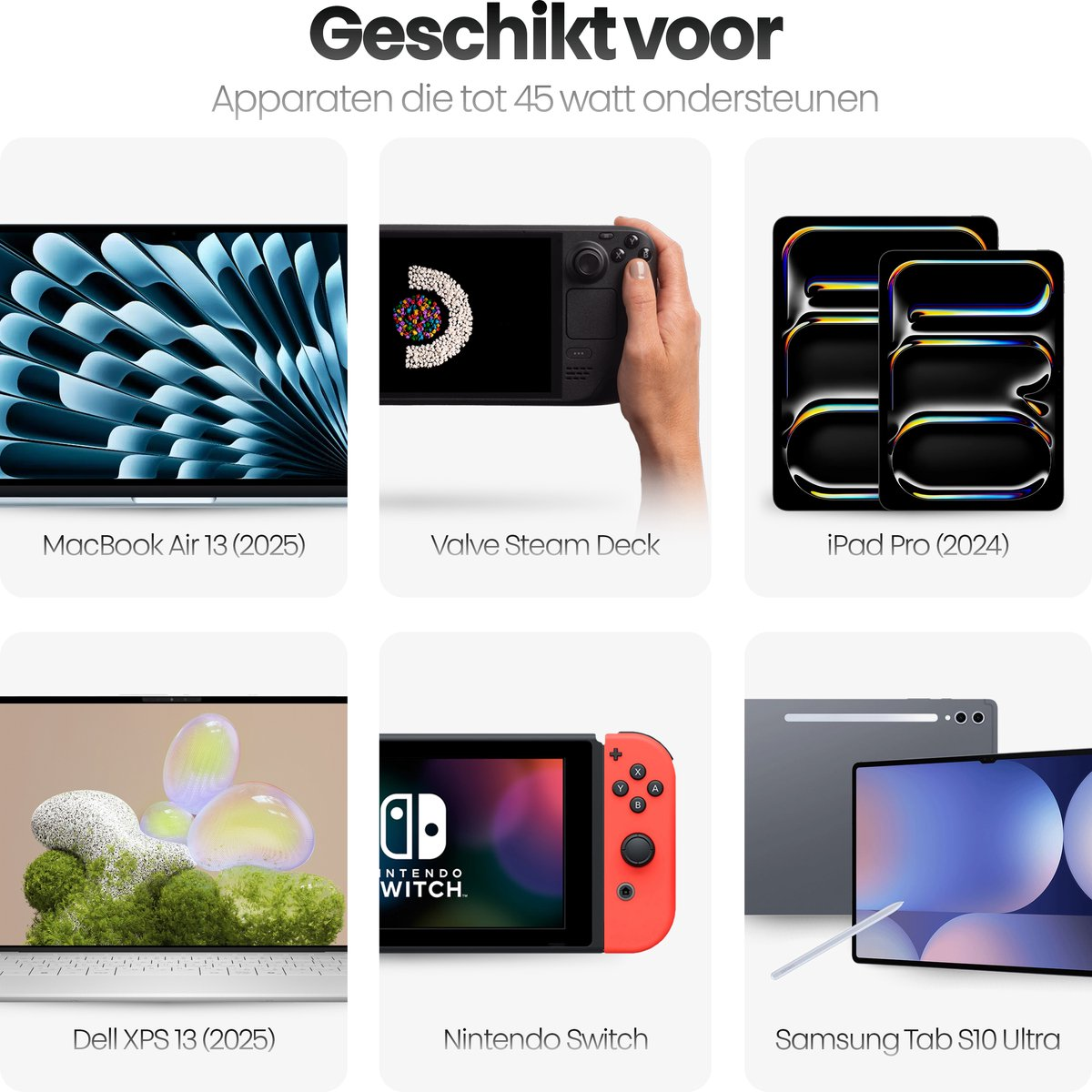 Image displays various devices: MacBook Air, Steam Deck, iPad Pro, Dell XPS, Nintendo Switch, and Samsung Tab, with product names.