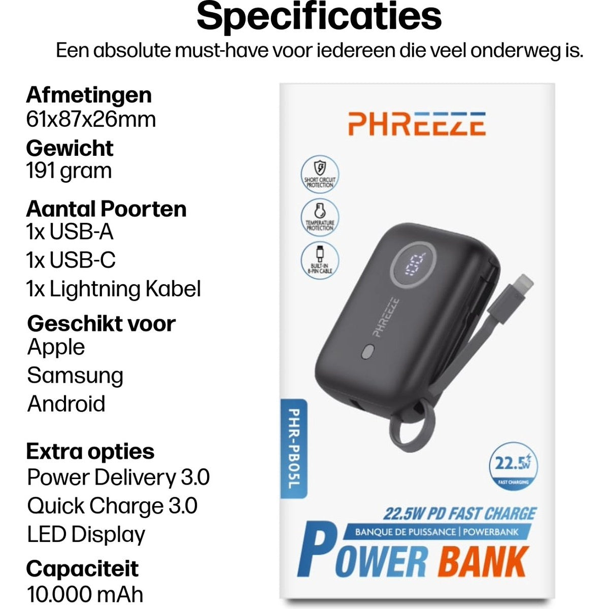 Een powerbank met een zwarte behuizing en een display. Het product heet PHREEZE. Het heeft USB-poorten en ondersteunt snel opladen.