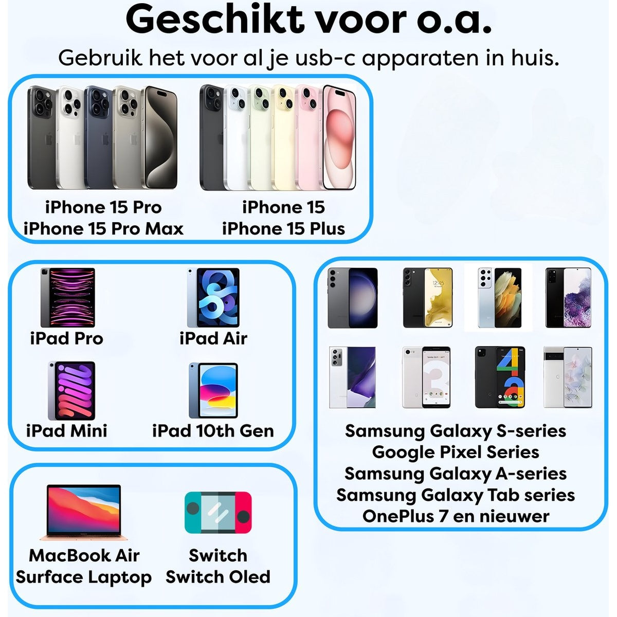 Afbeelding toont diverse smartphones en tablets. Inclusief iPhone 15, iPad-modellen, MacBook Air en Switch. Tekst: 'Geschikt voor usb-c apparaten'.