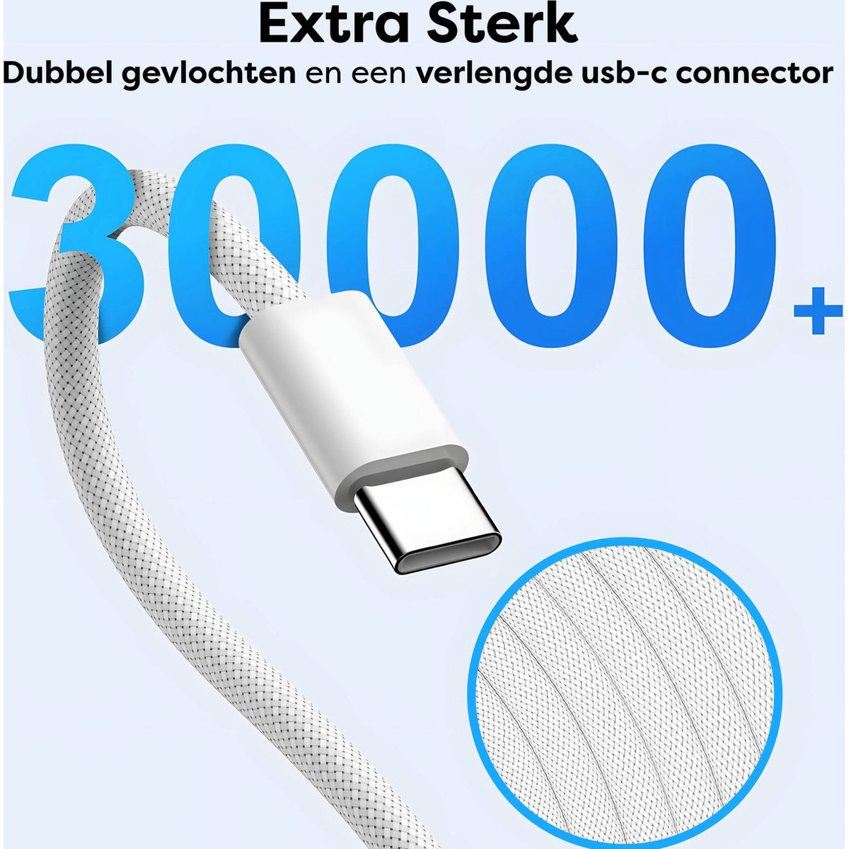 Een witte USB-C-kabel met een gevlochten ontwerp en een witte connector. Het nummer 30000+ staat op de achtergrond, met tekst erboven.