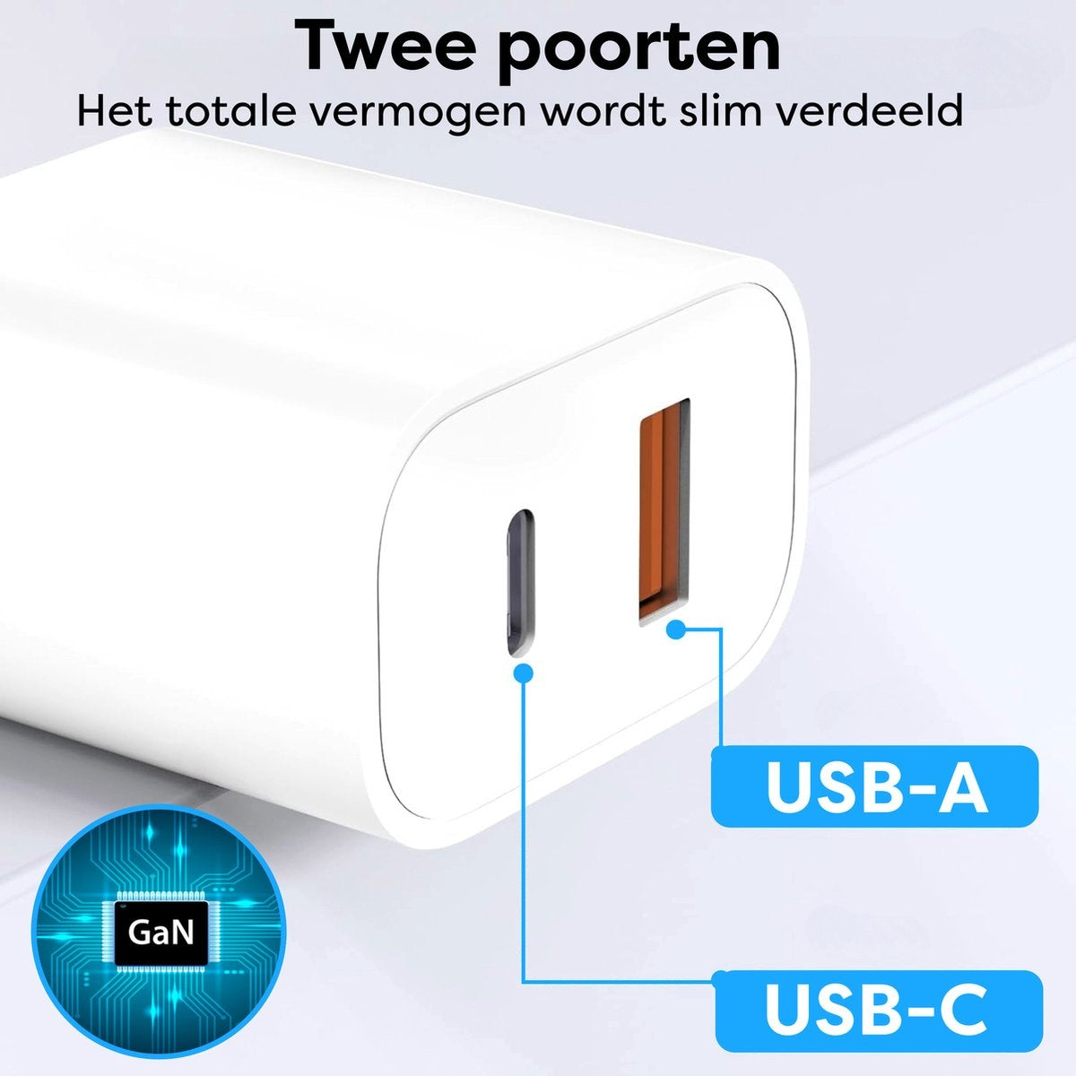 Een witte oplader met twee poorten, gelabeld USB-A en USB-C, en tekst in het Nederlands. Een GaN-chip wordt ook getoond.