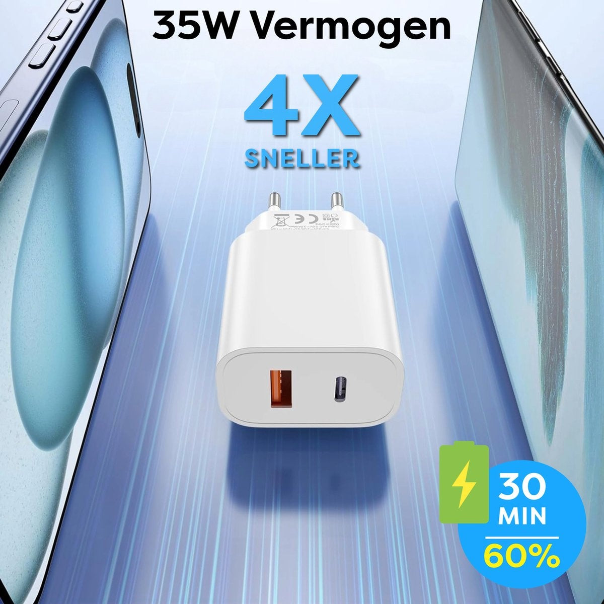 Witte oplader met USB-poorten. Teksten zeggen 35W, 4x sneller en 60% in 30 min. Telefoons op de achtergrond. Blauwe en groene accenten.