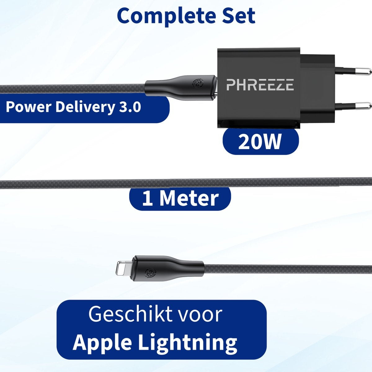 Complete set, zwarte oplaadkabel, adapter en Apple Lightning-connector. Inclusief Power Delivery 3.0, 20W en 1 meter lengte.