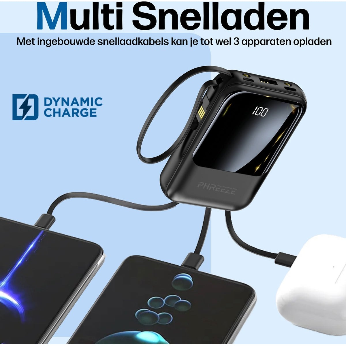 Zwarte powerbank met drie aangesloten apparaten: twee telefoons en een witte oortelefooncase. Het toont 100.