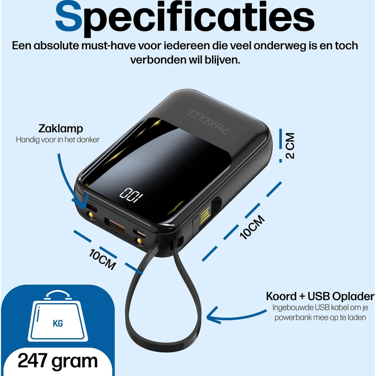 Een zwarte powerbank met aangegeven afmetingen. Het heeft een display met "001", een handriem en een USB-oplaadkabel. Tekst geeft specificaties.