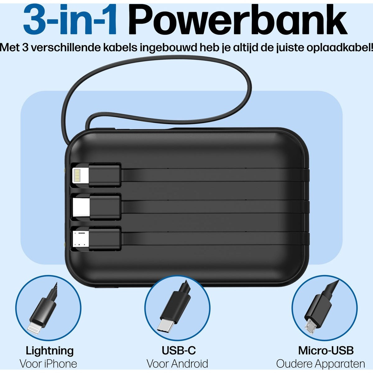Zwarte 3-in-1 powerbank met Lightning, USB-C en Micro-USB kabels. Tekst zegt '3-in-1 Powerbank' en de kabeltypes zijn gelabeld.