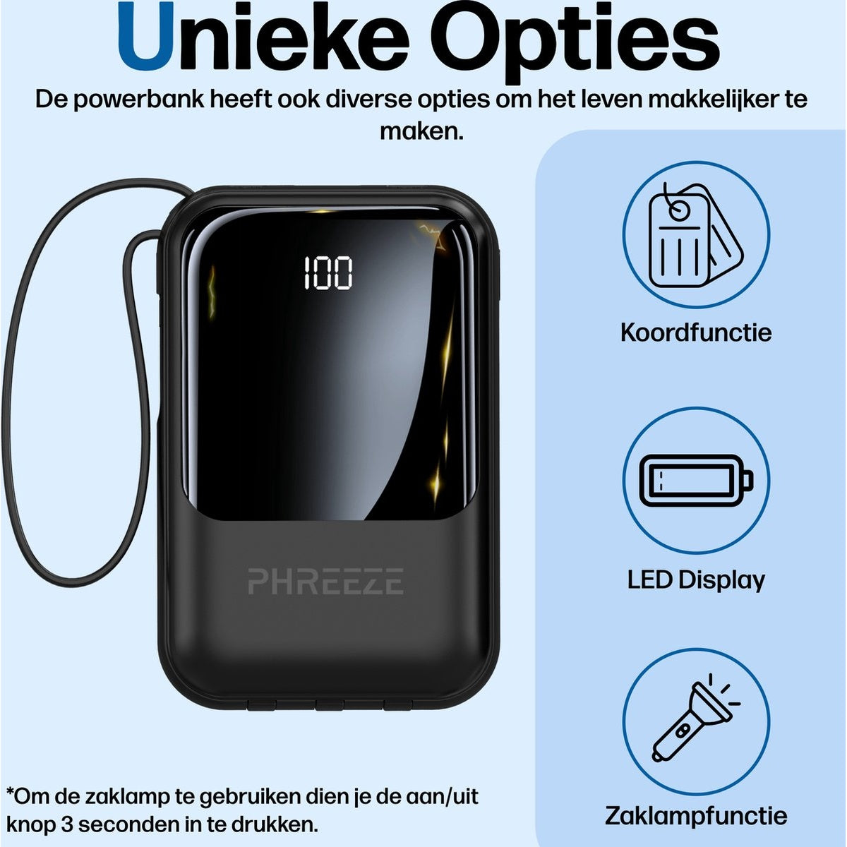 Zwarte powerbank met digitale display 100. Heeft een koord en pictogrammen voor functies zoals zaklamp.