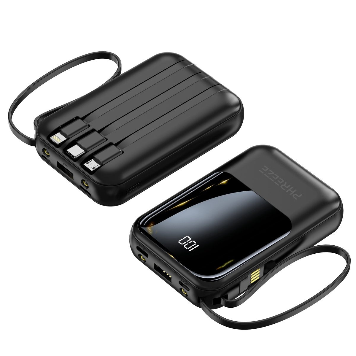 Twee zwarte powerbanks. Eén heeft kabels, de andere een display met 100. Beide hebben handlussen.