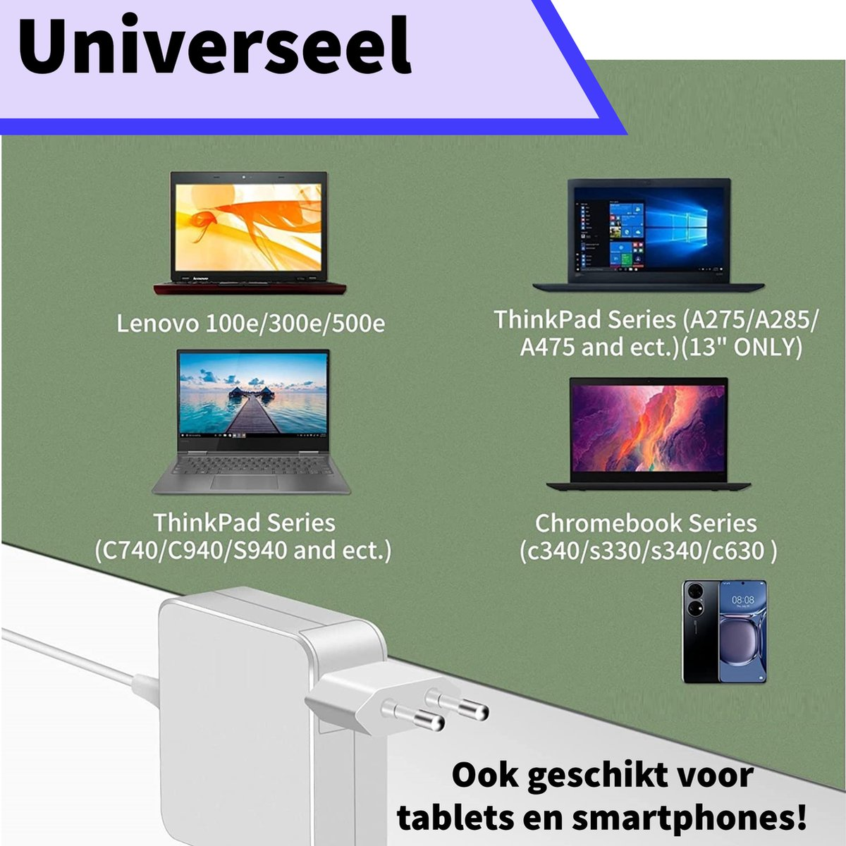 An advertisement shows laptops and a phone with a charger. Text includes the word 'Universal' and 'Suitable for tablets and smartphones'.