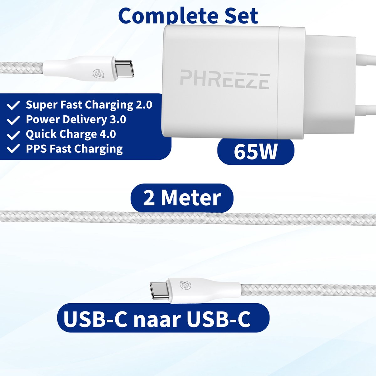 Een witte oplader en kabelset. Tekst geeft snellaadmogelijkheden en USB-C naar USB-C aan. De oplader is 65W en de kabel is 2 meter.