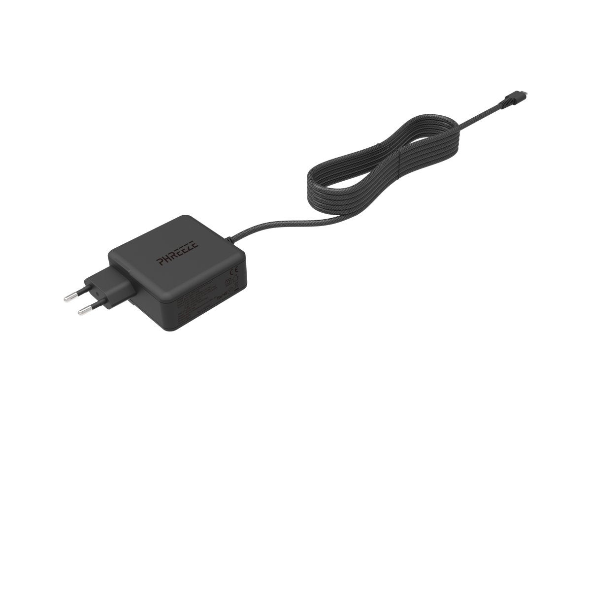 A black Phreeze charger with a cable. The charger has two prongs and a USB-C end. The background is white.