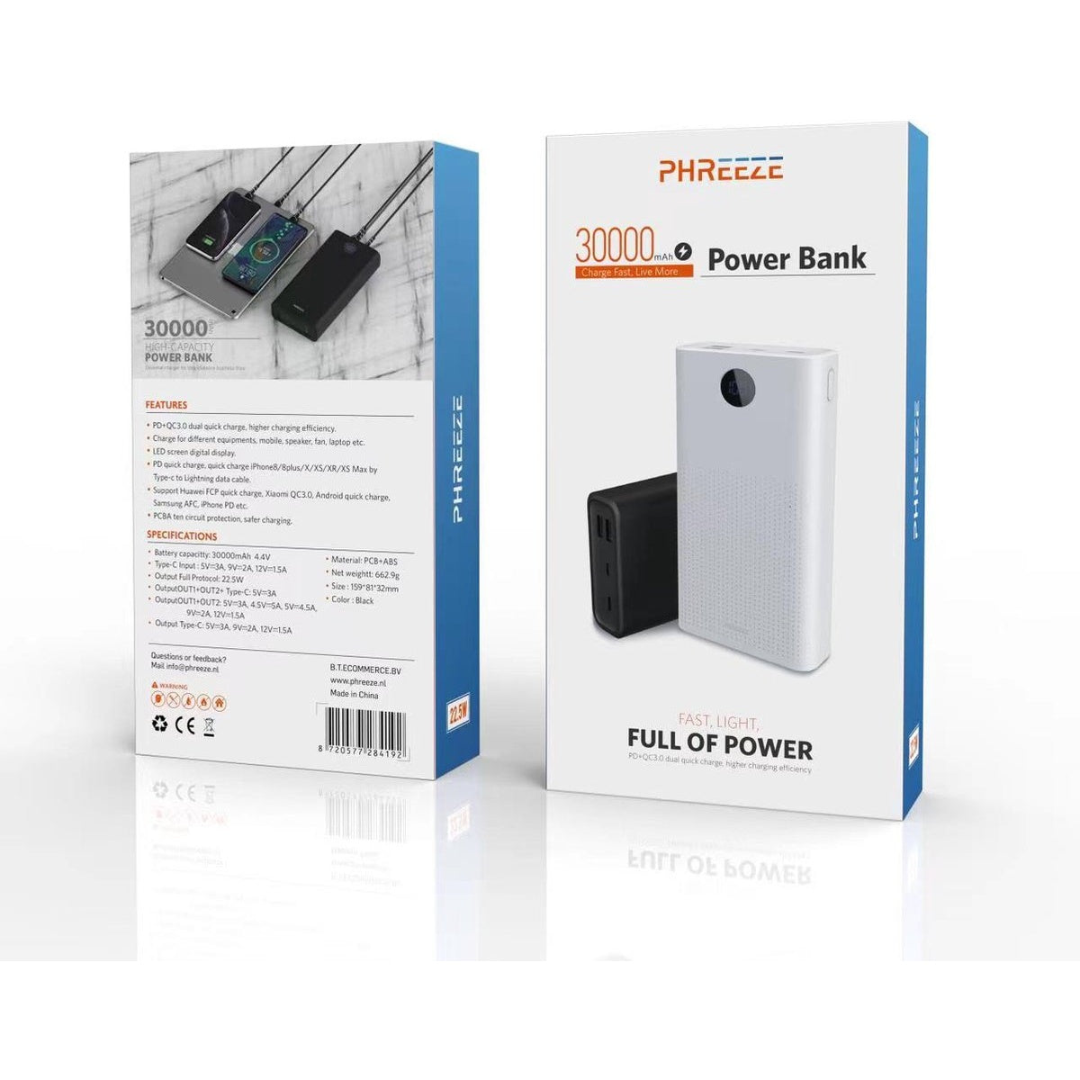 Twee powerbank-dozen. Eén toont het product, de andere specificaties. De powerbank is zwart en wit.
