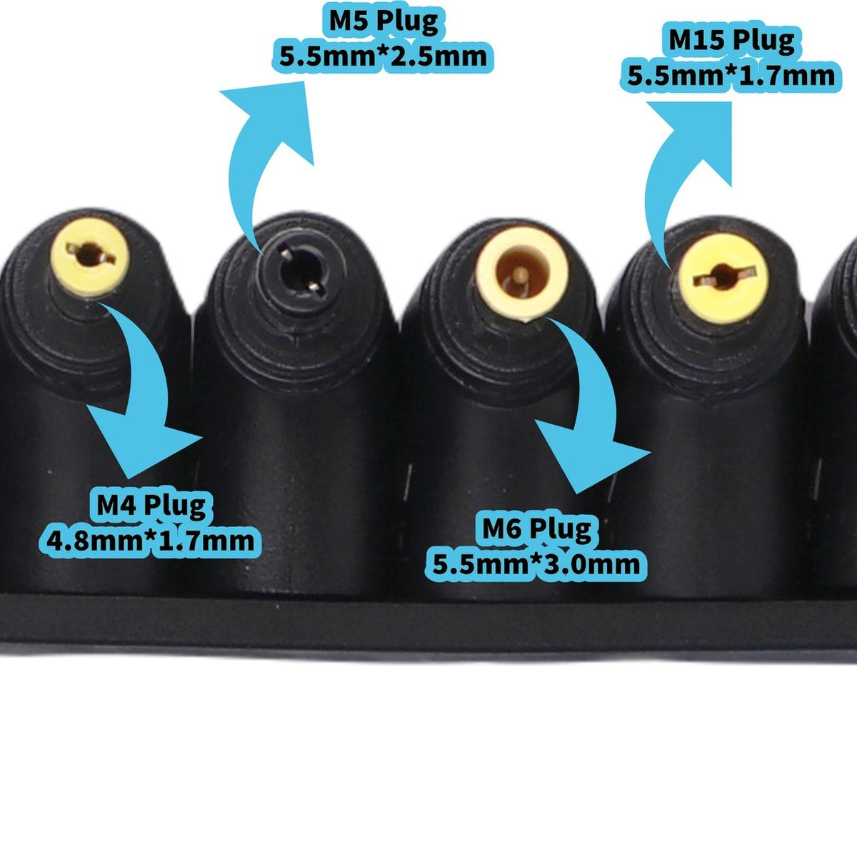 Close-up of black plugs with yellow or black centers. Labels indicate M4, M5, M6, and M15 plug sizes with dimensions in millimeters.
