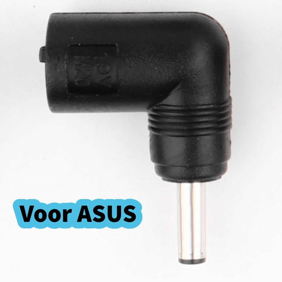 Black, L-shaped power adapter for ASUS. The adapter has a silver pin and the text 'Voor ASUS' is visible.