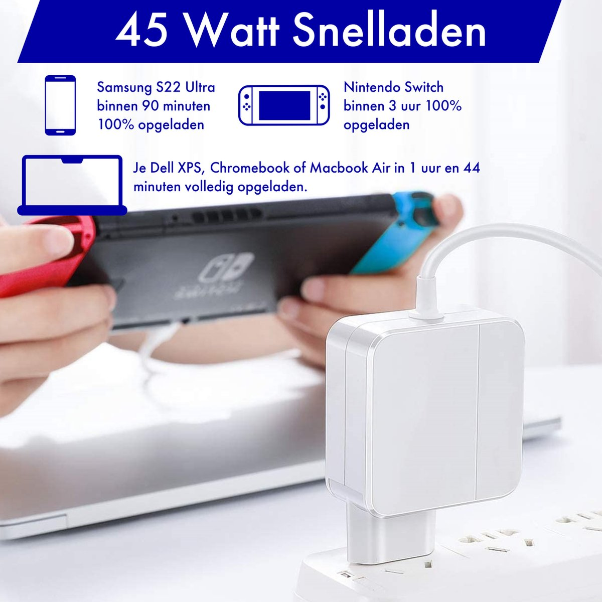 A white charger is plugged into a power strip. A Nintendo Switch is connected to the charger. Text shows fast charging times for devices.