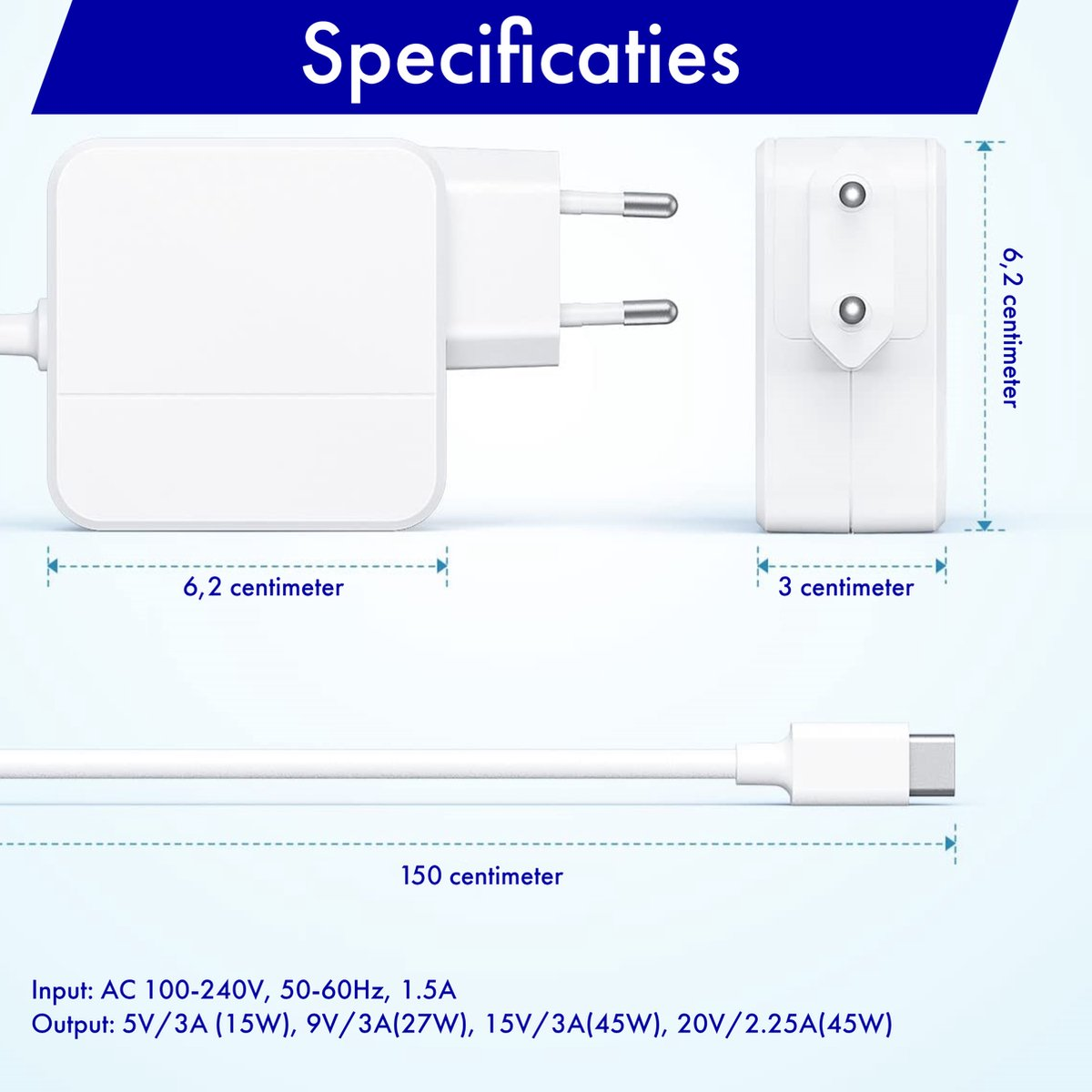 White power adapter with specifications. Measurements are shown. Input and output details are also listed.