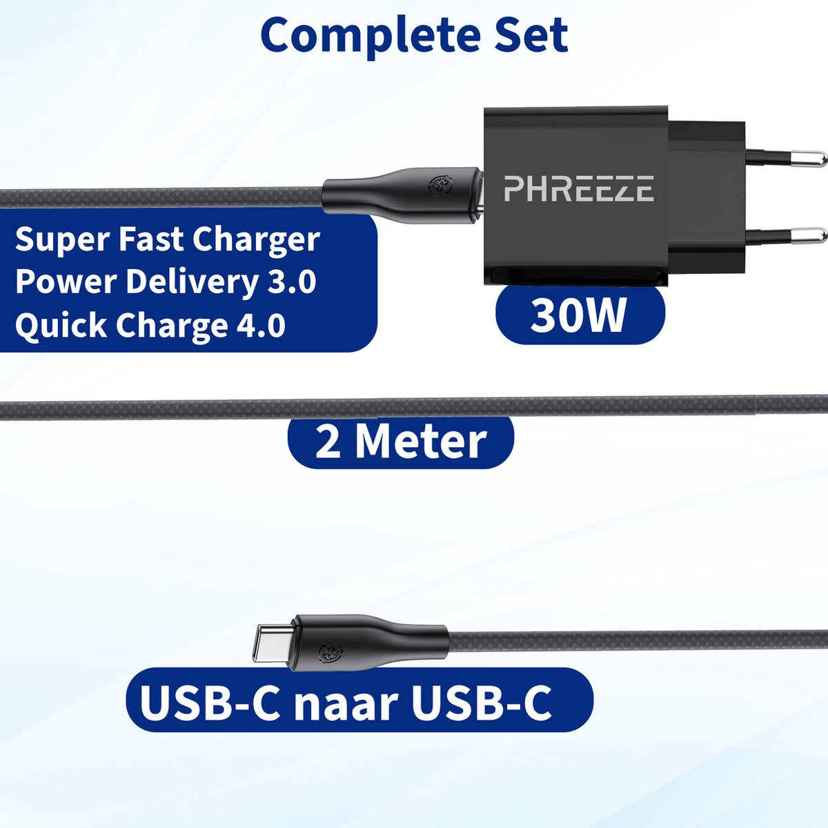 Een zwarte opladerset met USB-C-kabel, gemarkeerd met 'PHREEZE'. Details: 'Super Fast Charger' en '30W'.