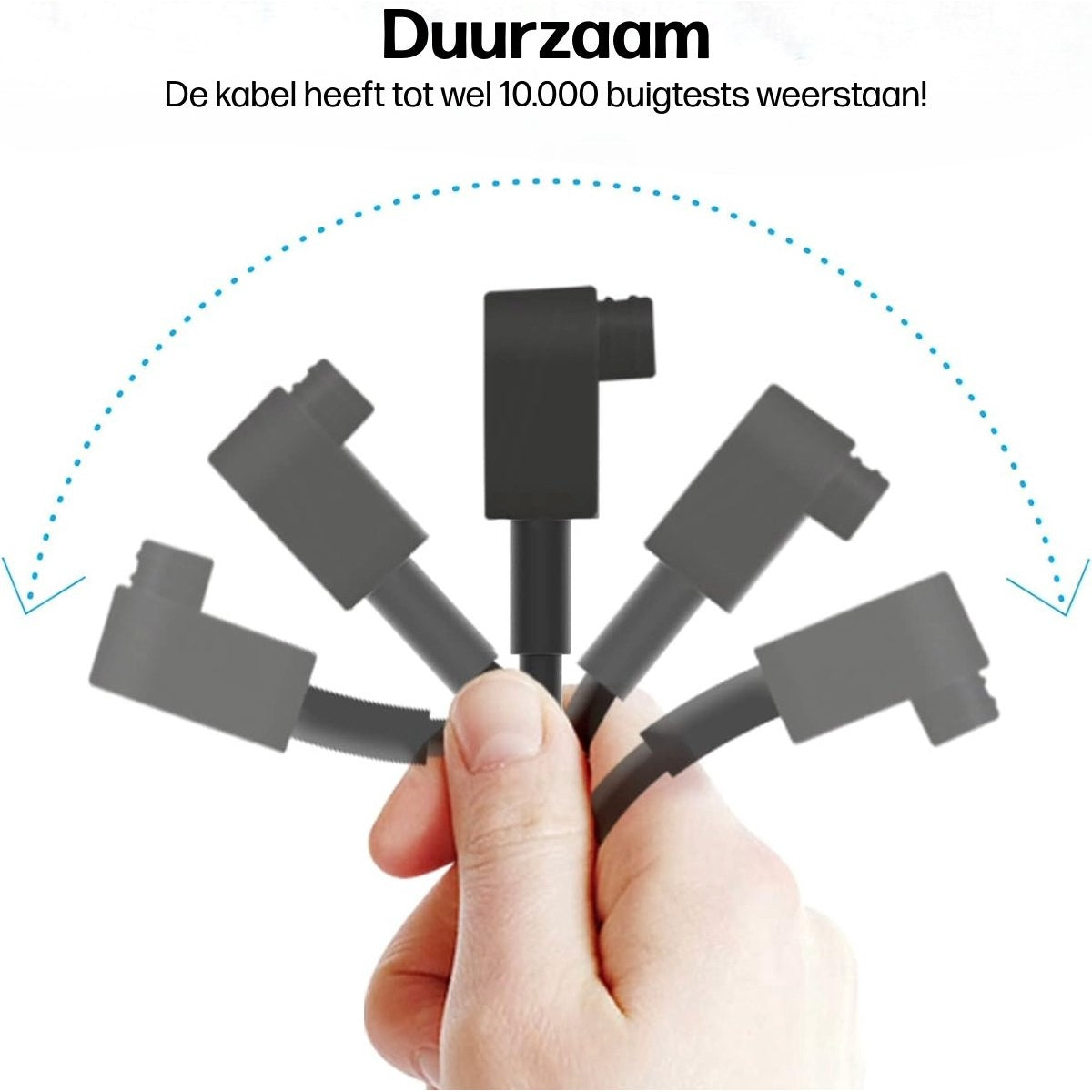 Een hand die een zwarte kabel met grijze connectoren vasthoudt. De kabel wordt in verschillende buigposities getoond. Tekst: Duurzaam, bestand tegen 10.000 buigingen.