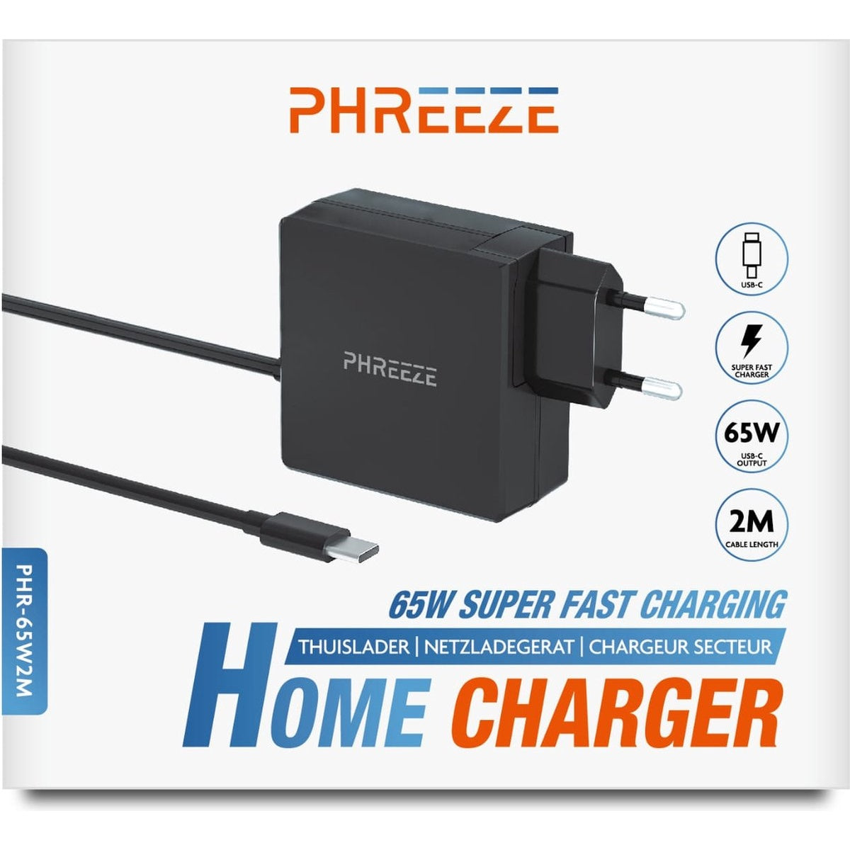A black Phreeze 65W Home Charger with a cable. Text includes 65W Super Fast Charging, USB-C, and a 2M cable length.