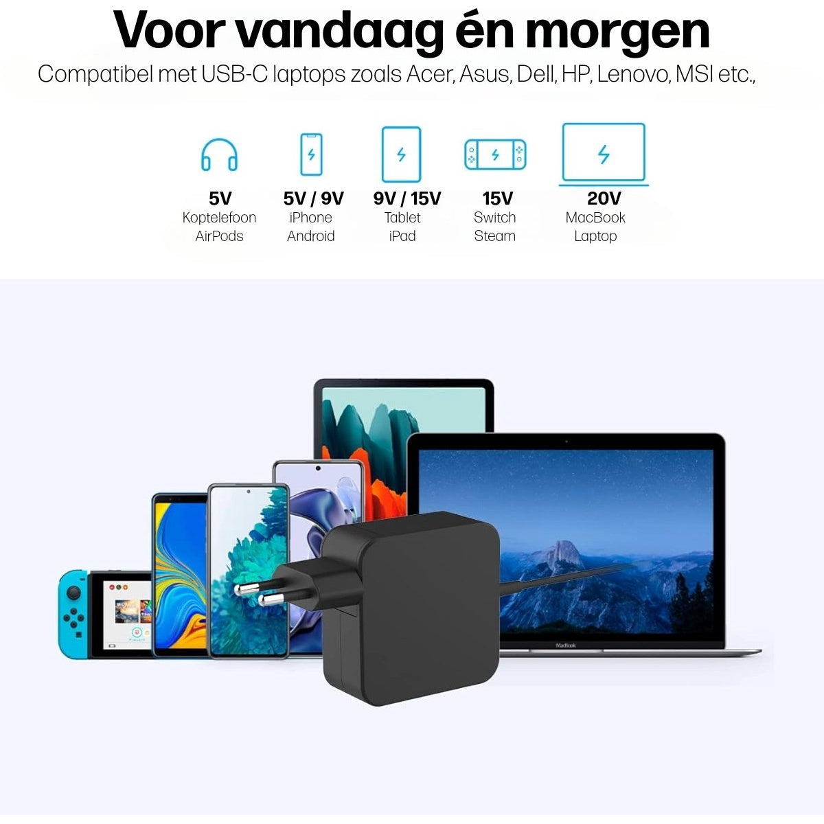 Image shows a black charger next to various devices like phones, tablets, and a laptop. Text indicates compatibility with USB-C laptops.