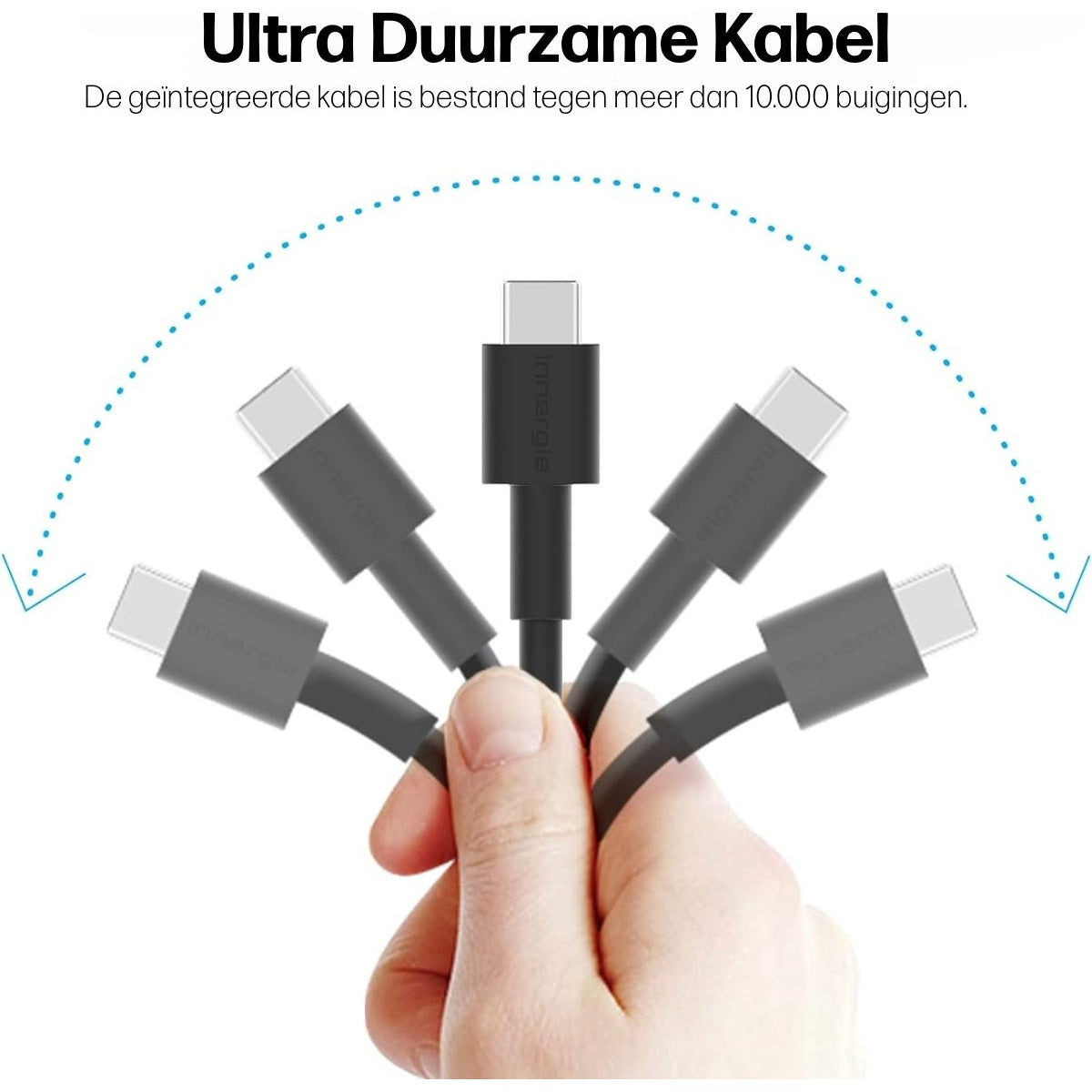 A hand holds several black USB-C cables, fanned out. A blue dotted arc curves over them. Text in Dutch says 'Ultra Durable Cable'.