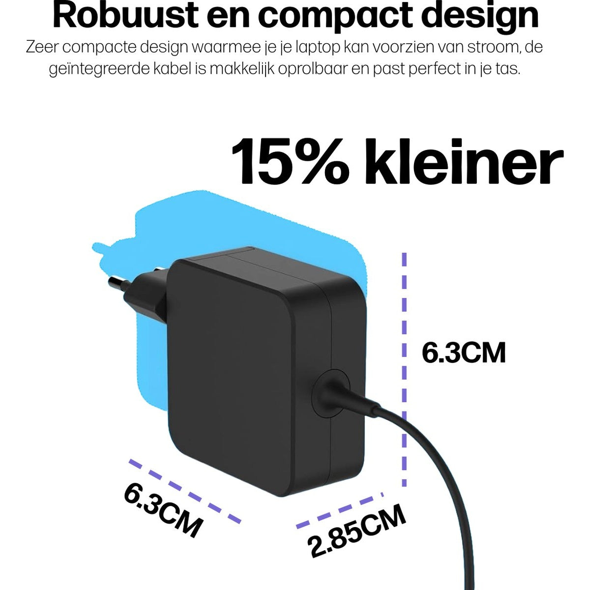 A black laptop charger with a cable. Dimensions are indicated. Text says '15% smaller'. Background is blue.