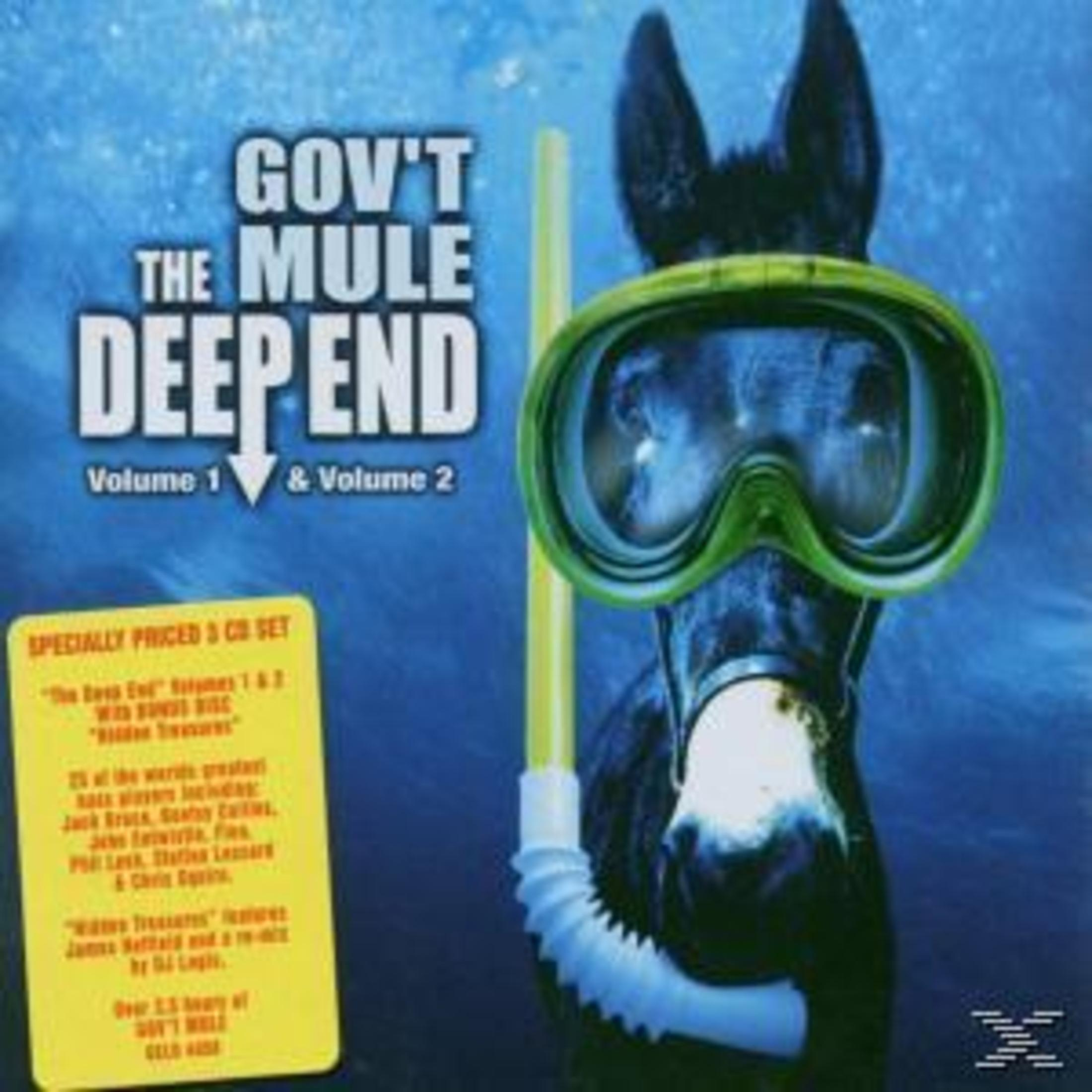 Ein CD-Cover. Ein Maultier mit Tauchmaske. Der Titel lautet "Gov't The Mule Deep End". Ein gelber und weißer Schnorchel ist vorhanden.