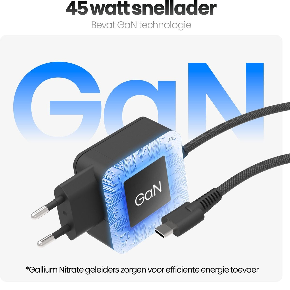 A black charger with a USB-C cable. The charger has the text GaN on it. The background has the text 45 watt snellader.