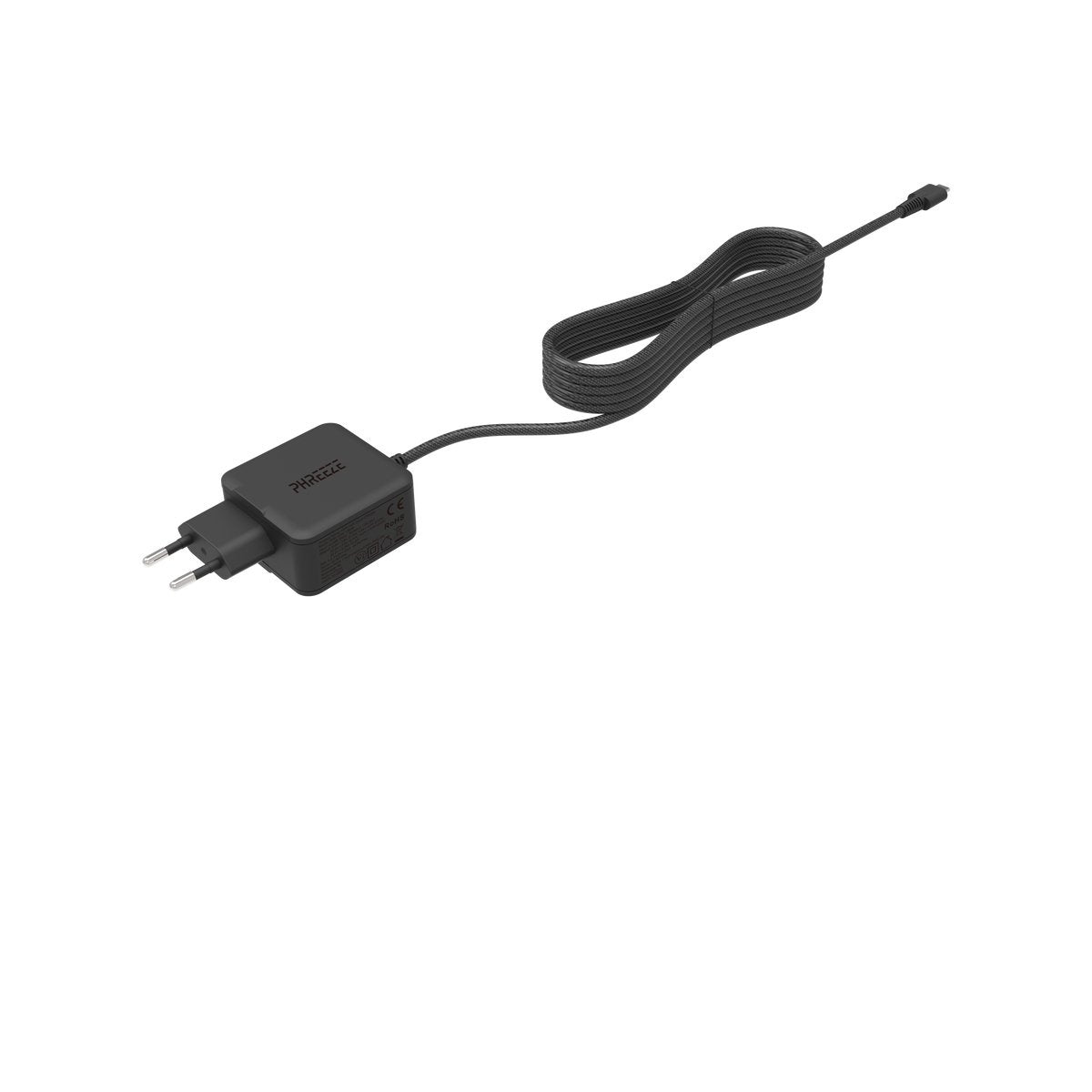 A black Phreeze charger with a cable lies on a white surface. The charger has a plug and a USB port.
