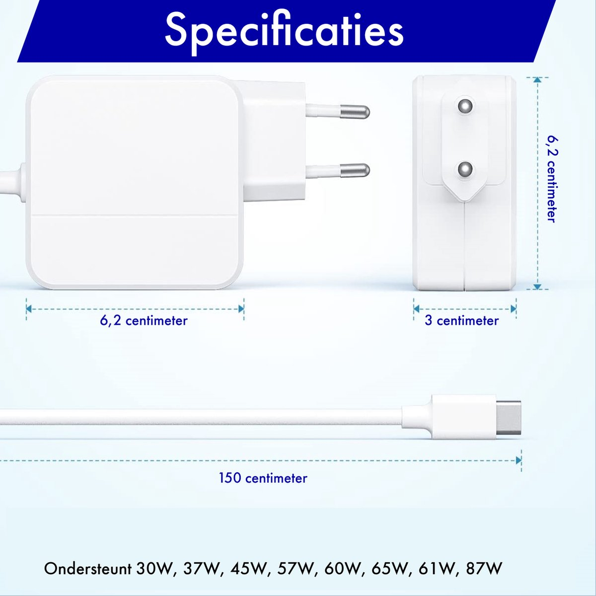 Witte voedingsadapter met stekker en USB-C-kabel, specificaties inclusief maten en ondersteunde wattages worden weergegeven.