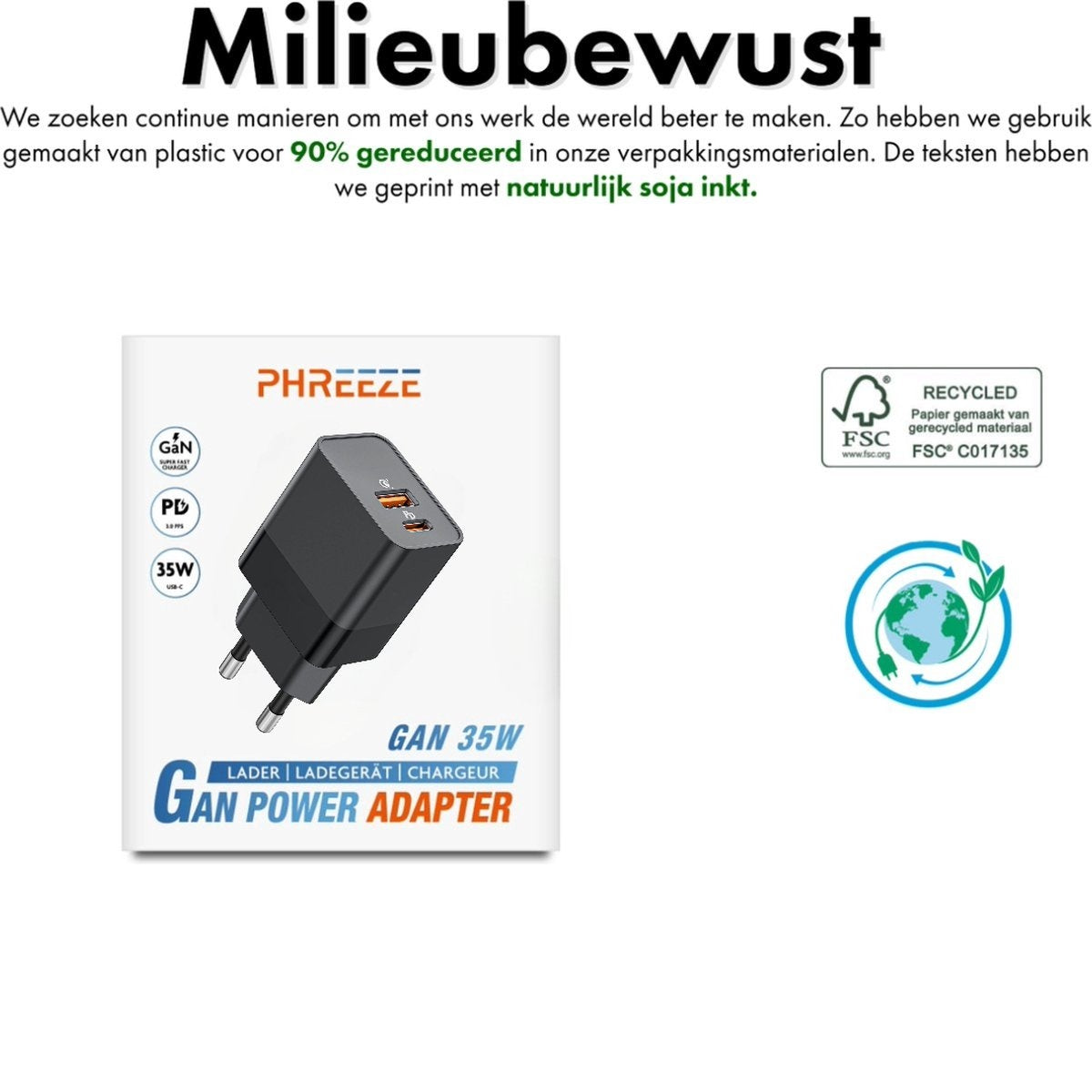 Image shows a black Gan Power Adapter, text about reducing plastic use, and logos for recycling and FSC.
